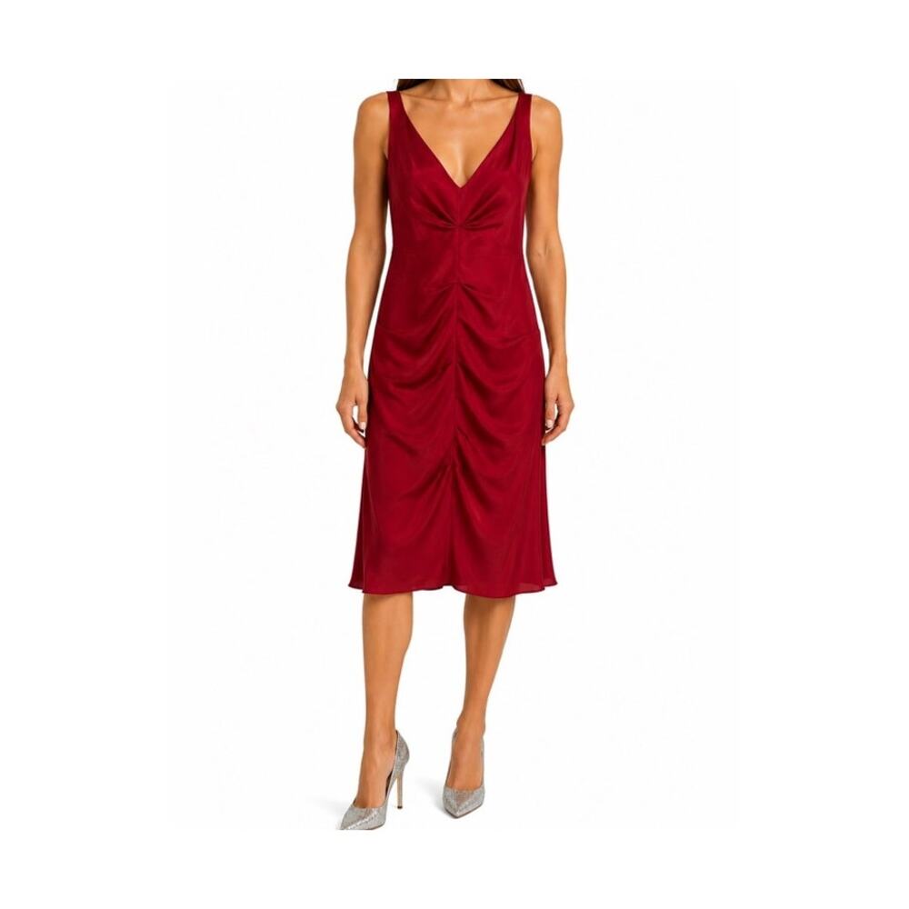 Nicole Miller Silk Dress Womens Size 0 Red Sleeveless Lined Ruche Cocktail Party